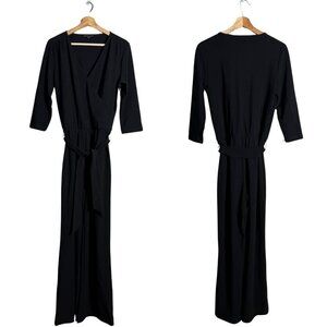 Boston Proper Tie Waist Wide Leg Jumpsuit Womens Small Black V-Neck Stretch NWOT